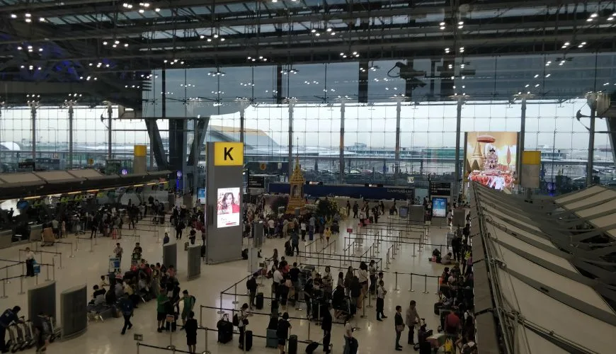 Suvarnabhumi Airport departures check-in area in Bangkok