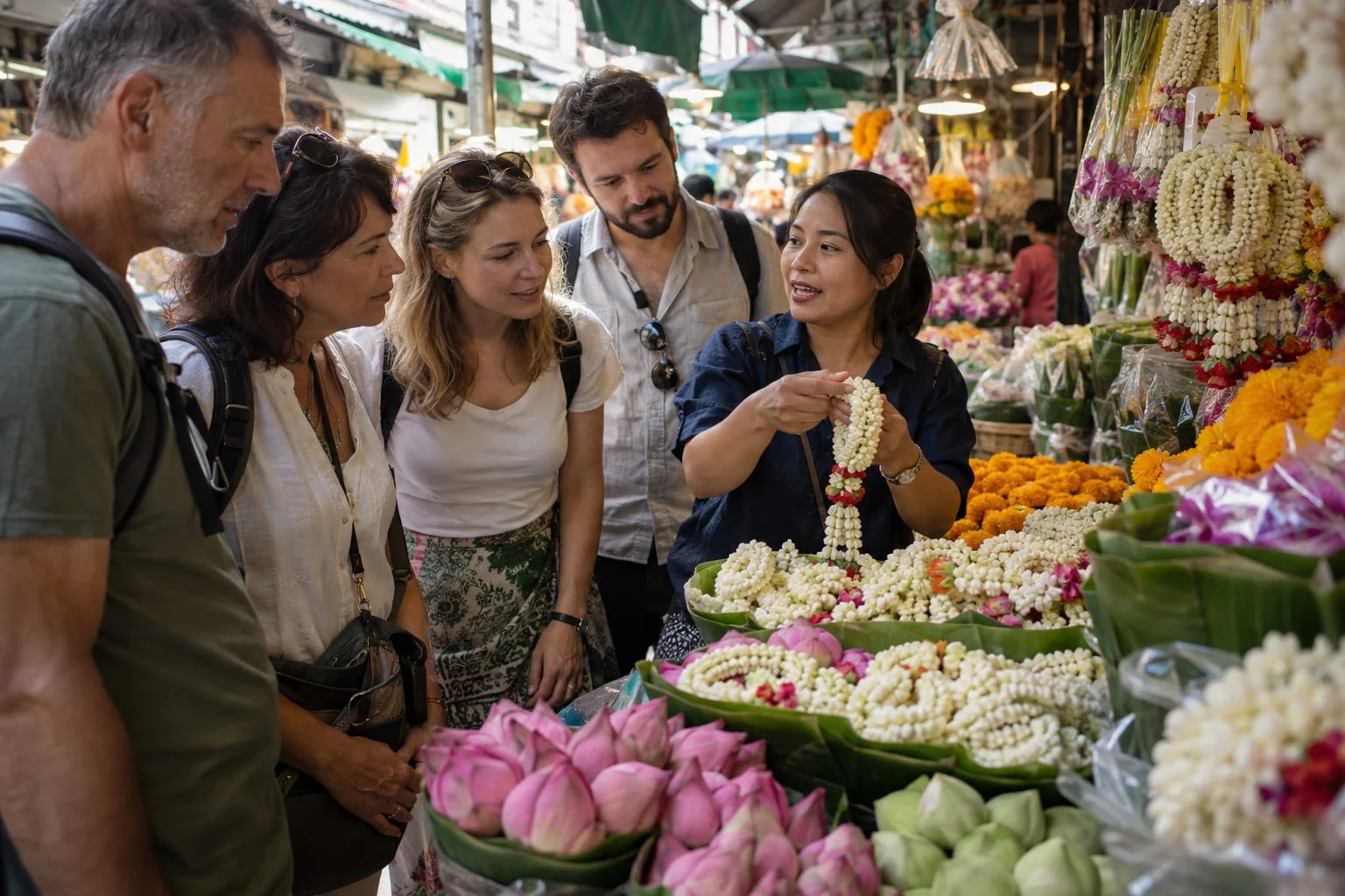 A Thai guide explaining flower garlands to four travellers at a Bangkok market