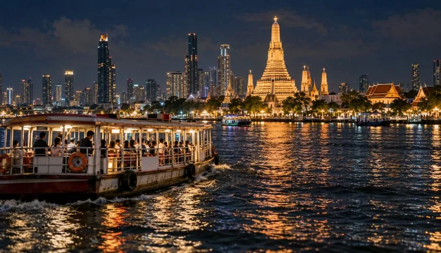 A public river ferry passing the illuminated Bangkok skyline after dark