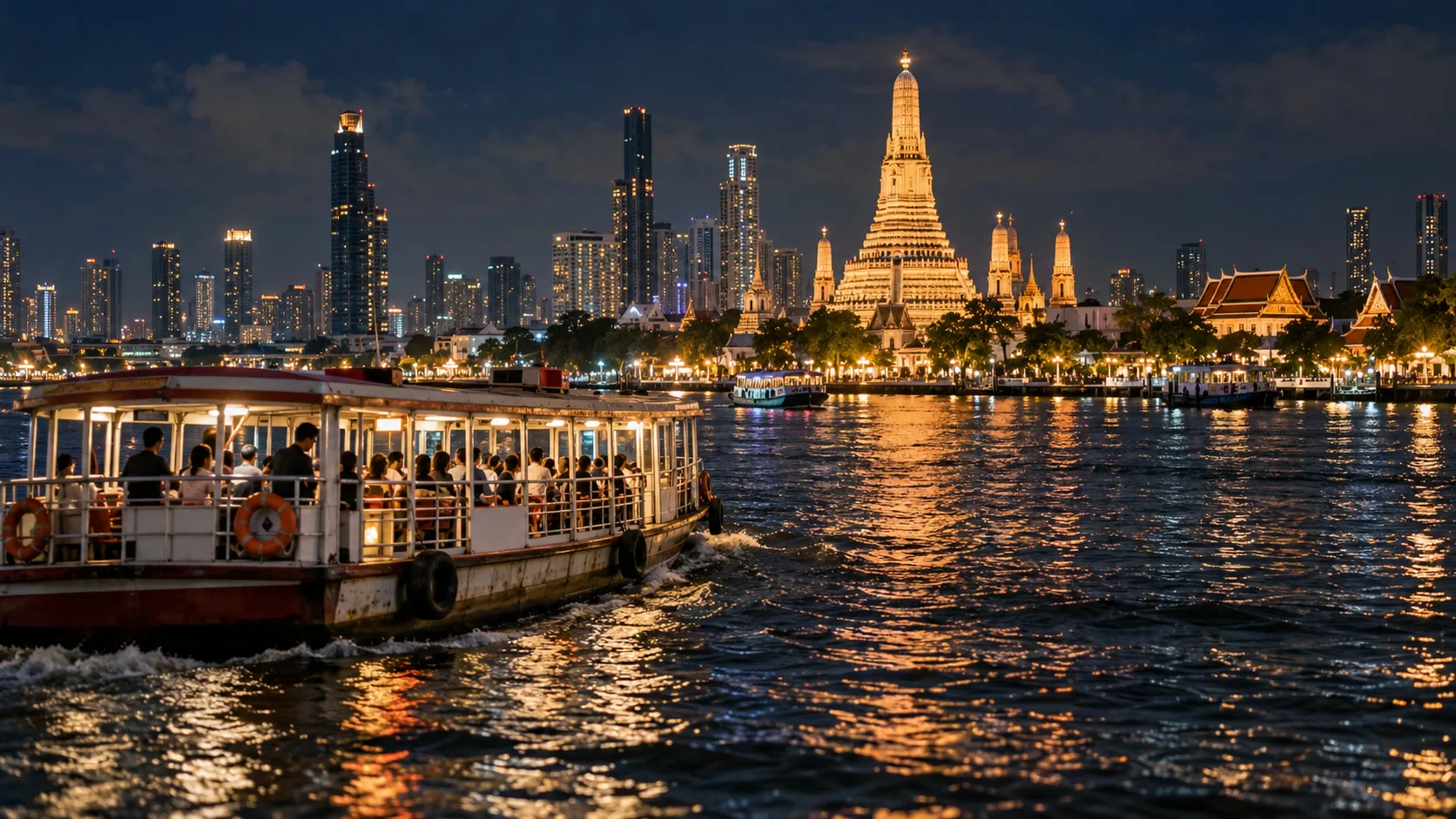 A public river ferry passing the illuminated Bangkok skyline after dark