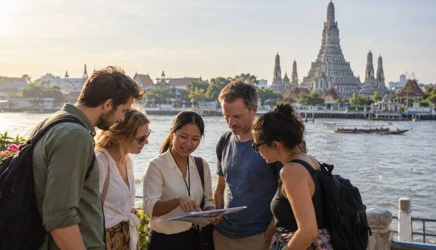 Four travellers planning a private Bangkok day trip with a Thai travel professional near Wat Arun