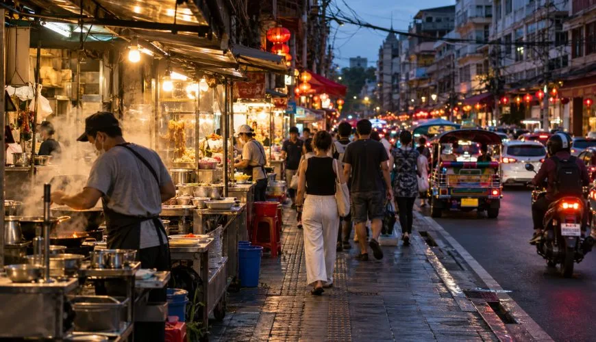 Bangkok street food stalls serving customers at dusk in a busy city neighbourhood
