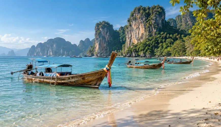 Long-tail boats on a clear Andaman beach during the dry season in Thailand
