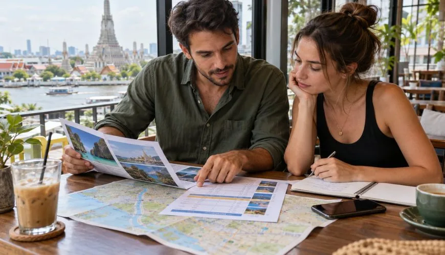 Two travellers comparing Thailand tour itineraries and costs in Bangkok