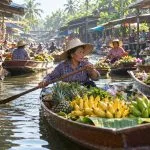 Fruit vendors paddling through Damnoen Saduak Floating Market in the early morning