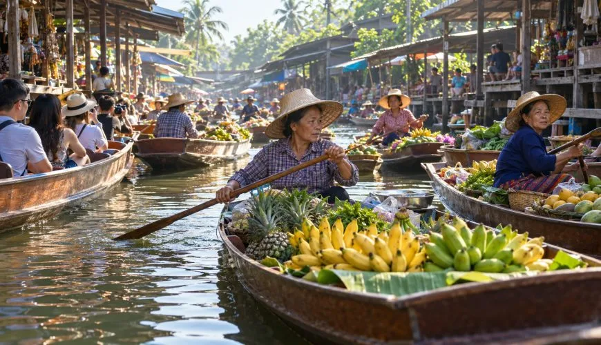 Fruit vendors paddling through Damnoen Saduak Floating Market in the early morning