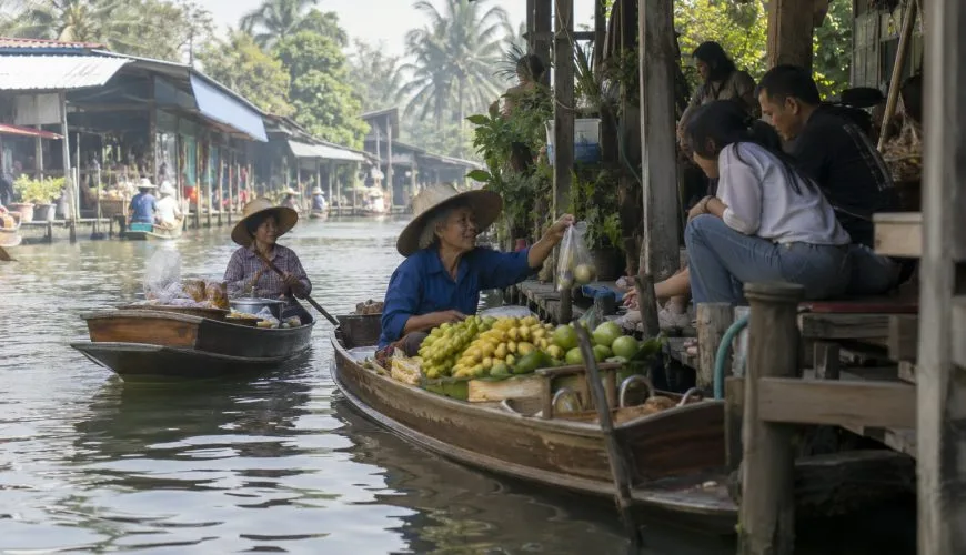 Floating market vendors selling fruit from wooden boats on a canal near Bangkok