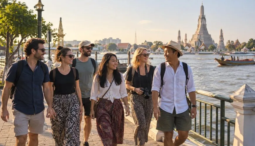 A private group of six adults walking beside the Chao Phraya River with Wat Arun in view