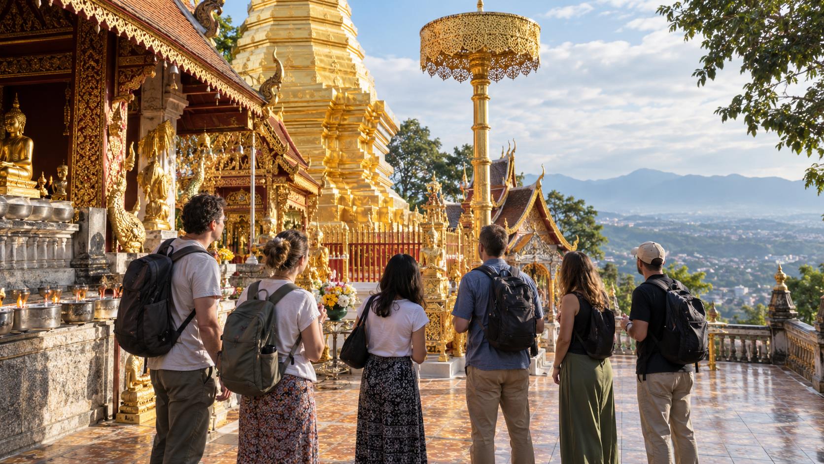 A private group of six adults visiting Wat Phra That Doi Suthep in Chiang Mai