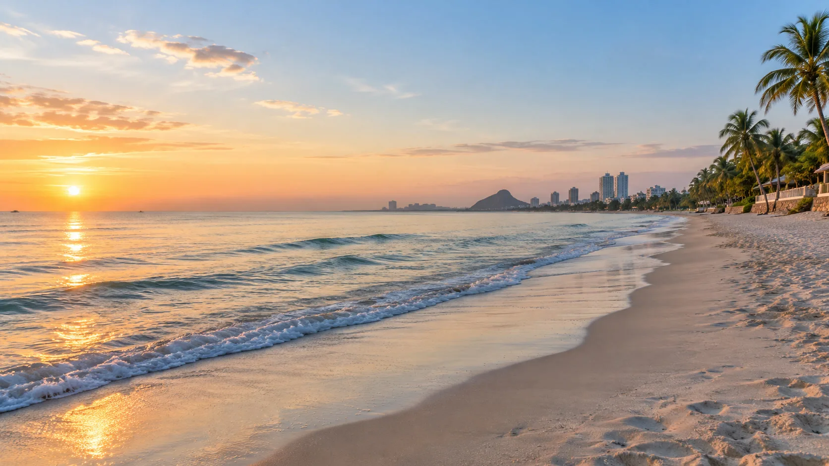 Hua Hin Beach at sunrise beside the Gulf of Thailand