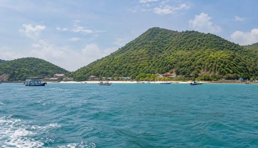 View of Koh Larn from the sea with forested hills, beach and boats