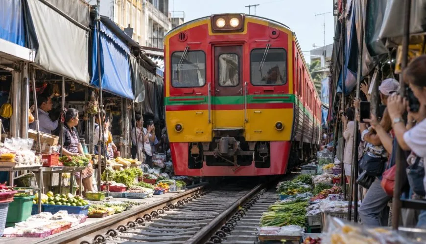 Passenger train passing safely through Maeklong Railway Market