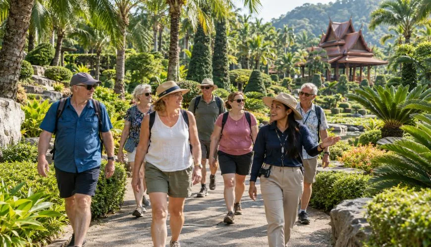 A closed private group walking with a local coordinator through tropical gardens at Nong Nooch near Pattaya