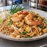 Pad thai with prawns, tofu, bean sprouts, chives, peanuts and lime