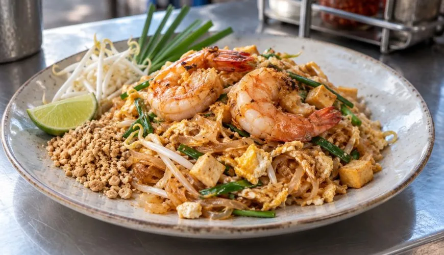 Pad thai with prawns, tofu, bean sprouts, chives, peanuts and lime