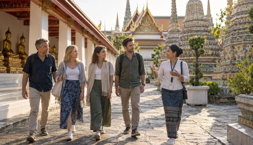 Private group visiting Wat Pho with a licensed Thai guide