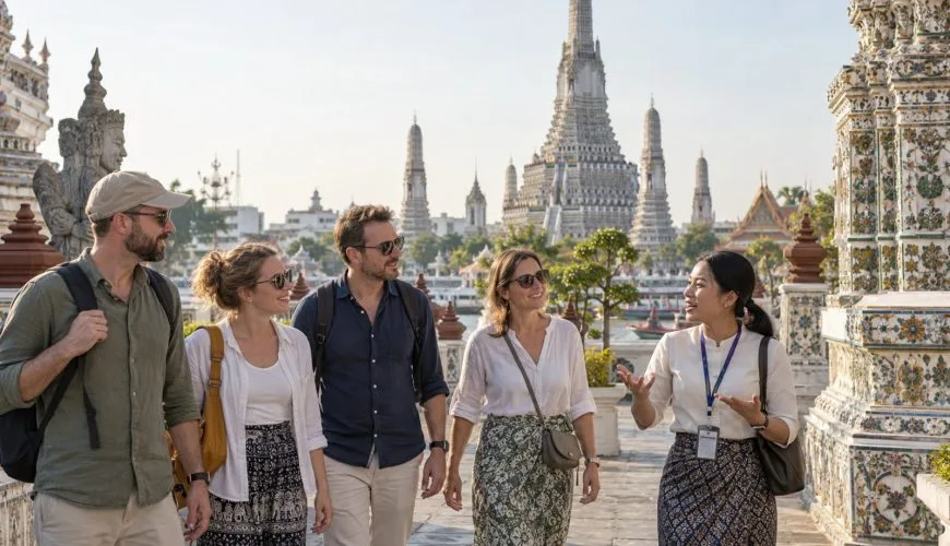 Private group visiting Wat Arun with a licensed Thai guide