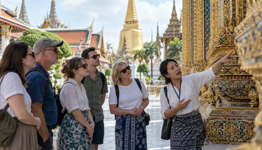 A Thai guide explaining temple details to a closed group of travellers in Bangkok