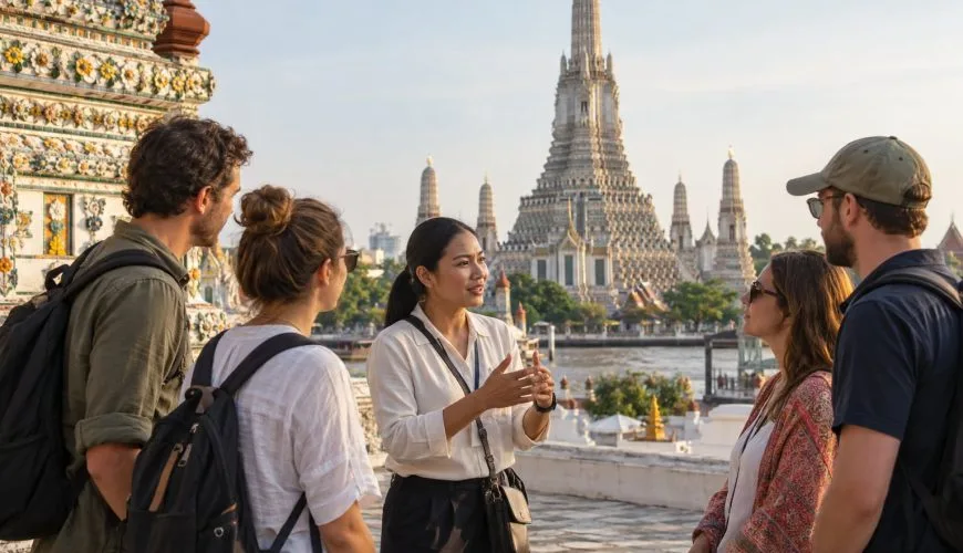 A Thai private guide speaking with four travellers near Wat Arun in Bangkok