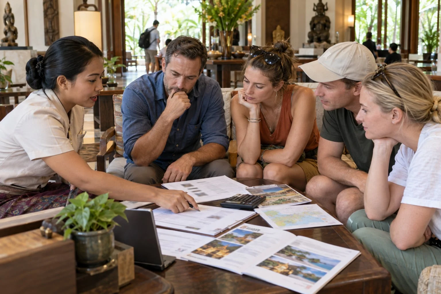 A Thai coordinator reviewing a private tour quote and itinerary with four travellers