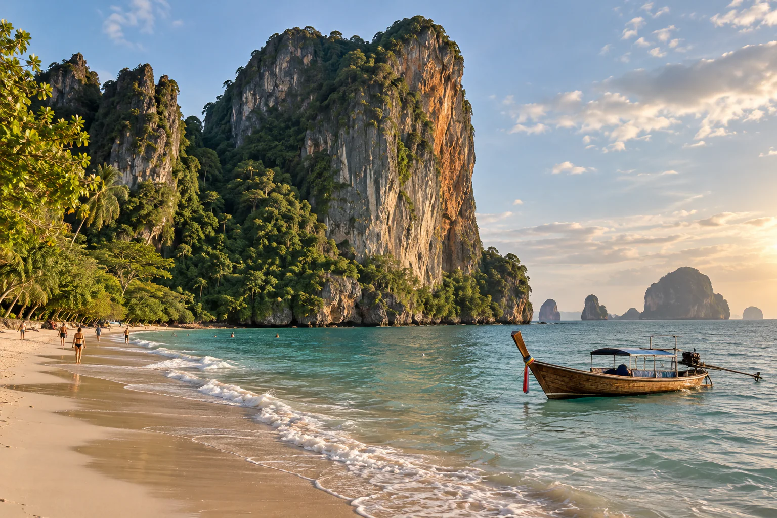 Railay Beach, limestone cliffs and a longtail boat in Krabi