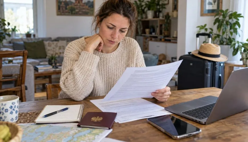 Traveller reviewing travel insurance documents before a trip to Thailand