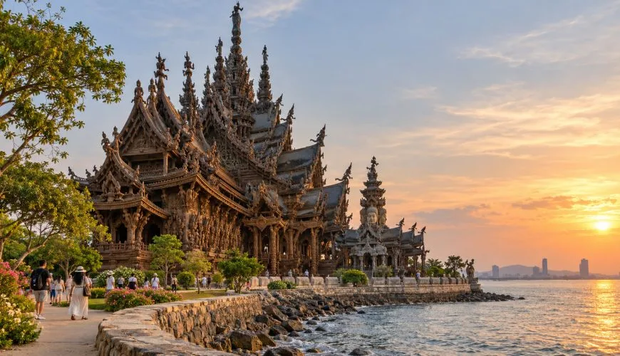 The carved wooden Sanctuary of Truth beside the sea in Pattaya in warm late-afternoon light