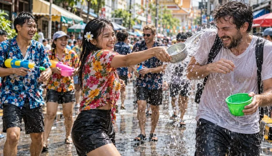 People taking part in a Songkran water celebration on a street in Thailand