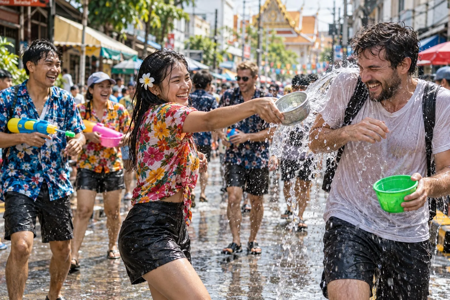 People taking part in a Songkran water celebration on a street in Thailand