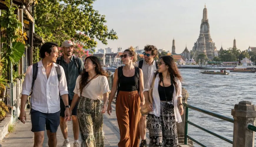 A private group of six adults walking beside the Chao Phraya River with Wat Arun in view