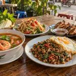 A spread of Thai dishes including tom yum, som tam, grilled chicken and pad kra pao