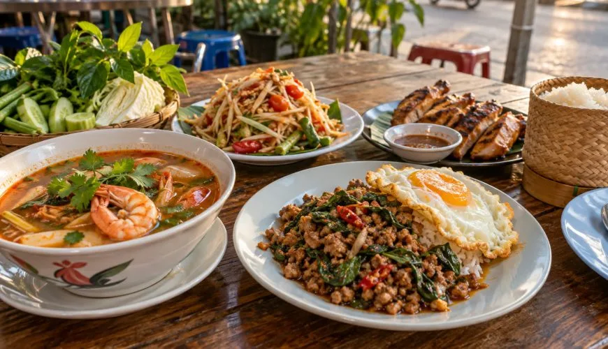 A spread of Thai dishes including tom yum, som tam, grilled chicken and pad kra pao