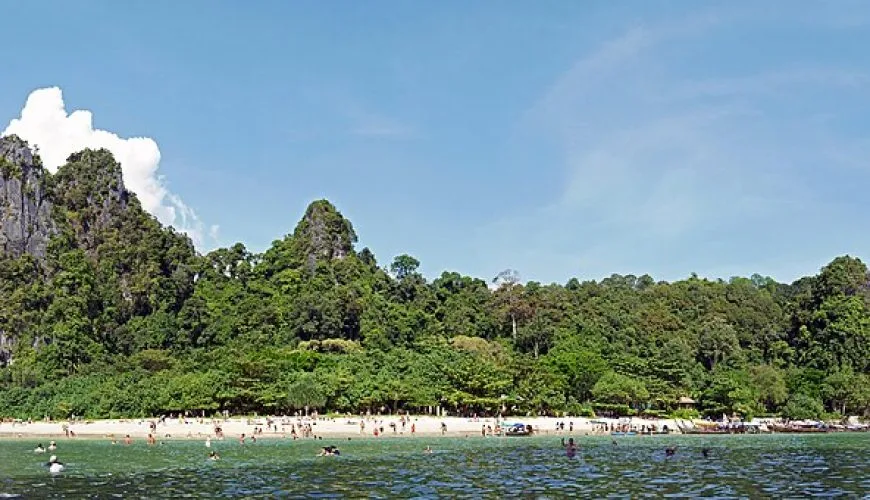 Panoramic view of Phra Nang Beach and long-tail boats in Thailand