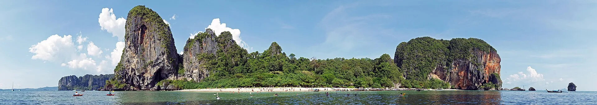 Panoramic view of Phra Nang Beach and long-tail boats in Thailand