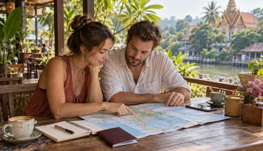 Travellers planning a private Thailand holiday with a map