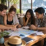 Four travellers comparing a Thailand itinerary, map and transport options