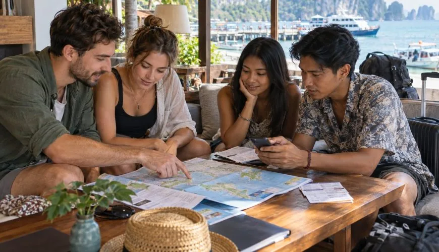 Four travellers comparing a Thailand itinerary, map and transport options