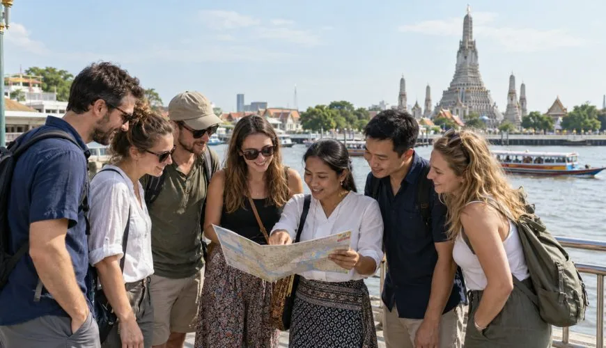 A closed group of travellers reviewing a Thailand itinerary with a local coordinator beside the Chao Phraya River