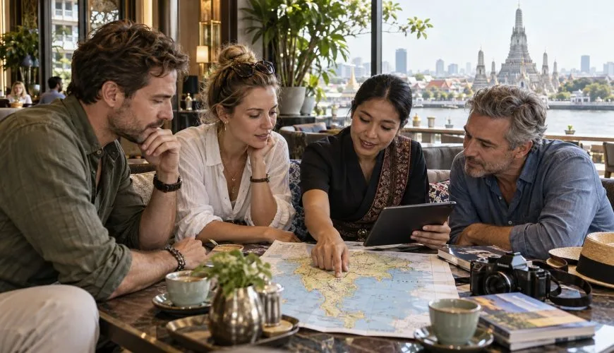 Travellers planning a private Thailand itinerary with a local coordinator