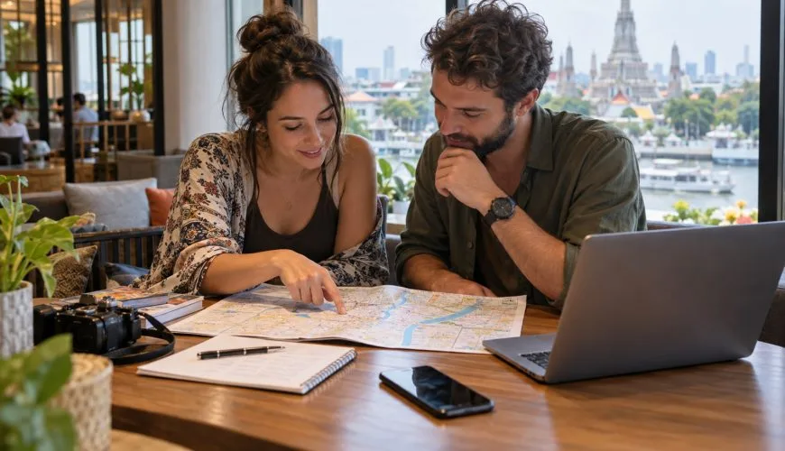 Travellers planning a Thailand route with a map and laptop