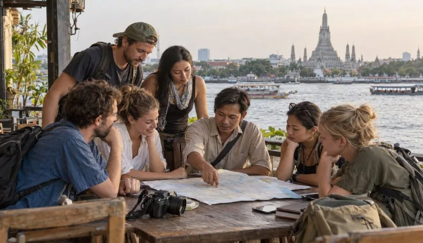 Six adult travellers reviewing a Thailand route with a local coordinator beside the Chao Phraya River in Bangkok