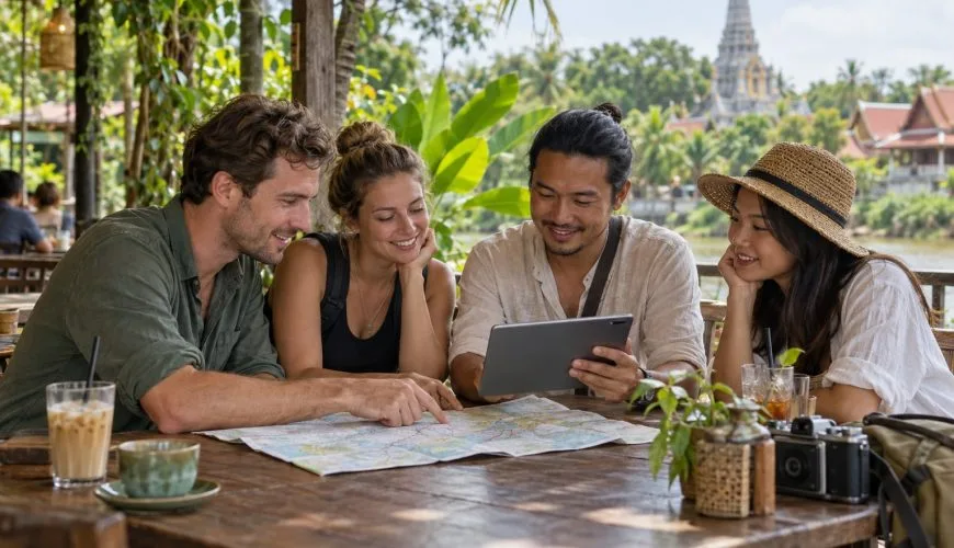 Four travellers planning a private Thailand itinerary at a cafe