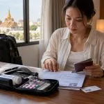 A traveller organising a passport, prescription medicine and permit documents before a trip to Thailand