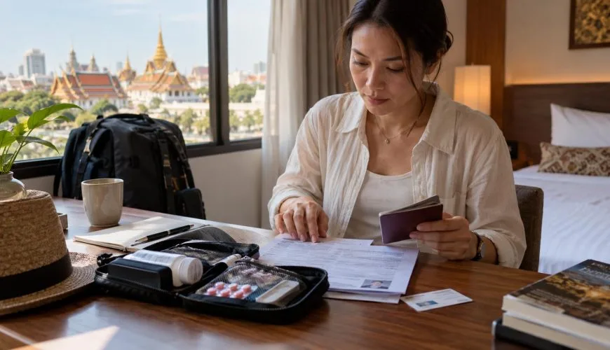 A traveller organising a passport, prescription medicine and permit documents before a trip to Thailand