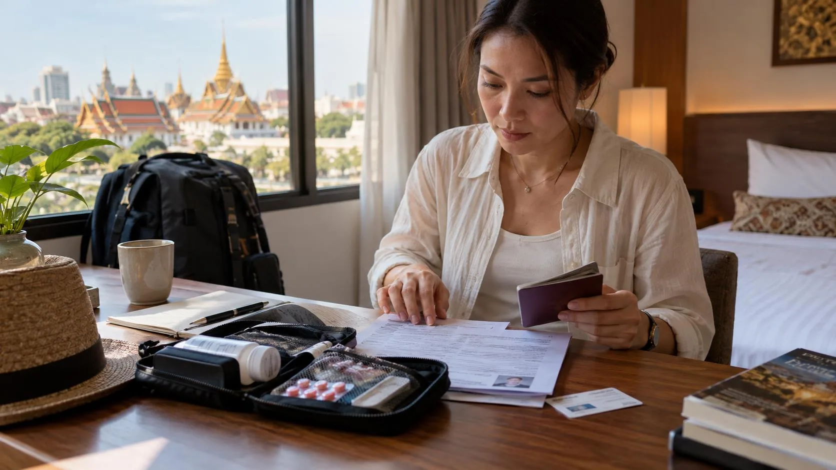 A traveller organising a passport, prescription medicine and permit documents before a trip to Thailand